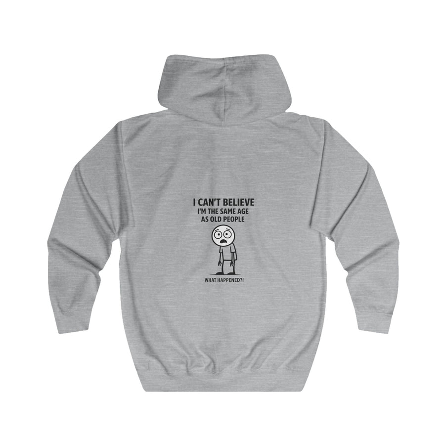 Lustige Sweatjacke „I Can't Believe I'm the Same Age as Old People“ – Zip-Hoodie mit Rückendruck – Heather Grey – Rückenansicht