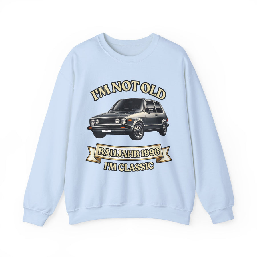 Geschenk zum 30. Geburtstag – Pullover Jahrgang 1996 VW Golf – Light Blue – Vorderseite