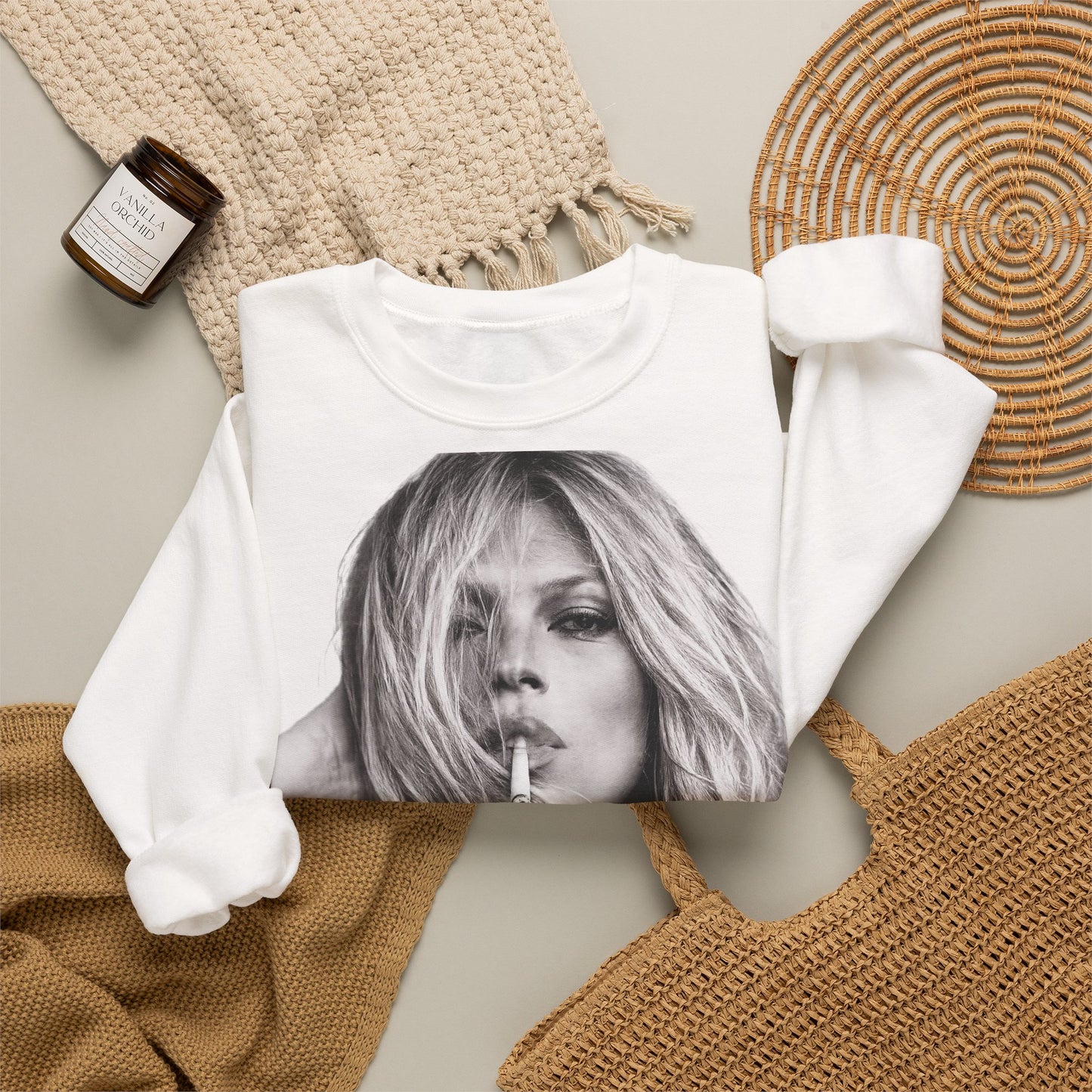 Kate Moss Sweatshirt – Schwarz-Weiß Portrait Kult-Pullover für Fashion & Vintage Fans, ikonisches Model Motiv