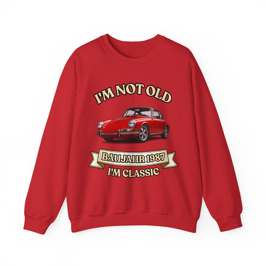 Geschenk zum 40. Geburtstag – Pullover Jahrgang 1987 mit Porsche-Motiv – Red – Vorderseite
