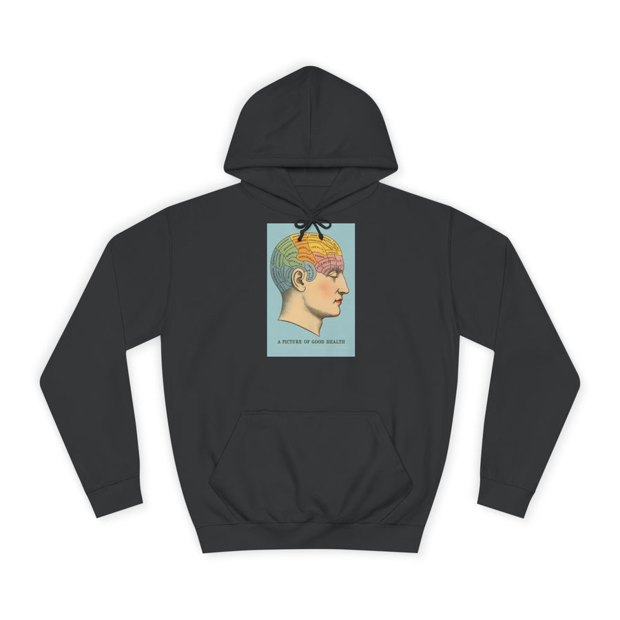 Vintage Hoodie „A Picture of Good Health“ – Vintage-Phrenologie für mentale Überflieger – Jet Black – Vorderseite