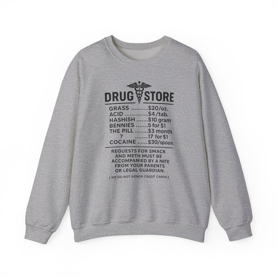 Vintage Pullover „Drug Store“ – Sweatshirt, die Preisliste der etwas anderen Apotheke – Sport Grey – Vorderseite