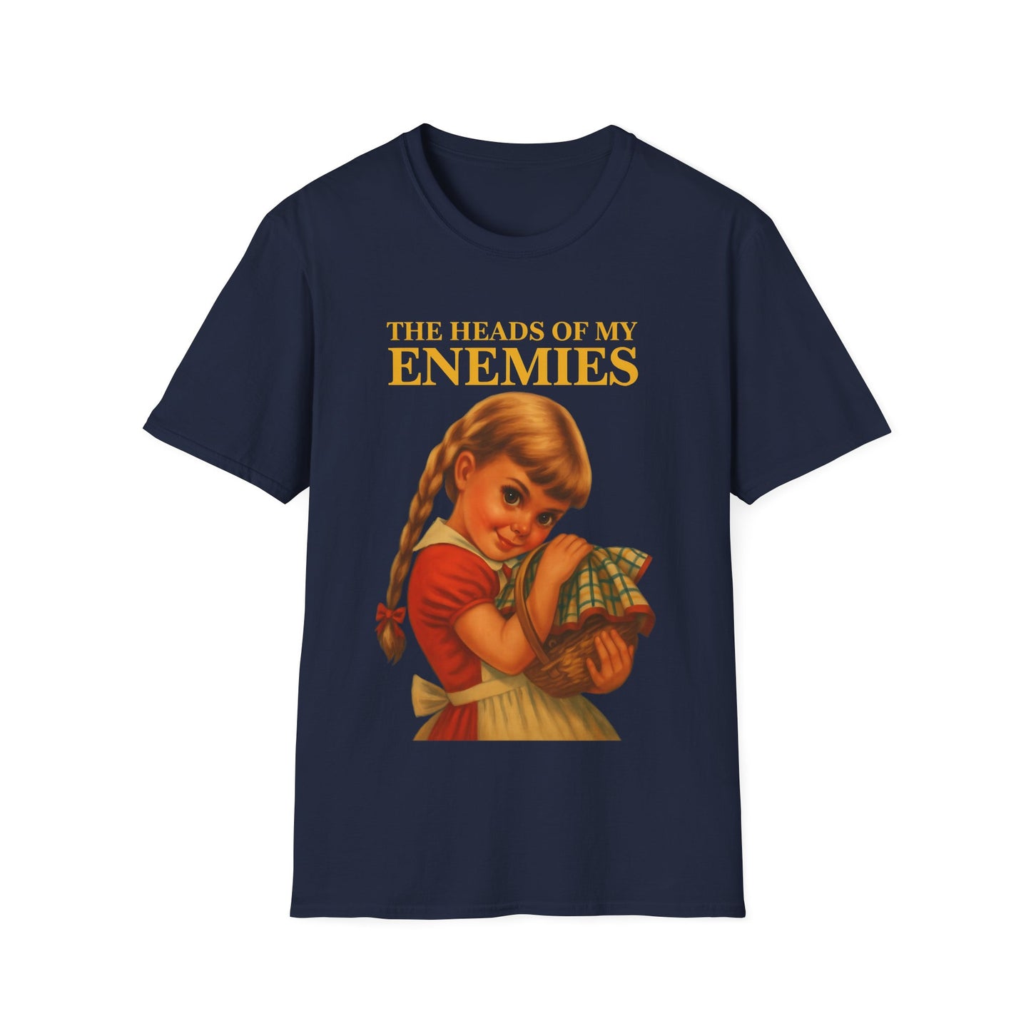 T-shirt “The Heads of My Enemies” – retro satire with children’s book flair