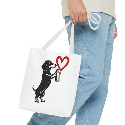 Banksy inspirierter Dackel Tote Bag Polyester – Street-Art Herz Sprühdose Beutel für Sport, Uni & Einkauf