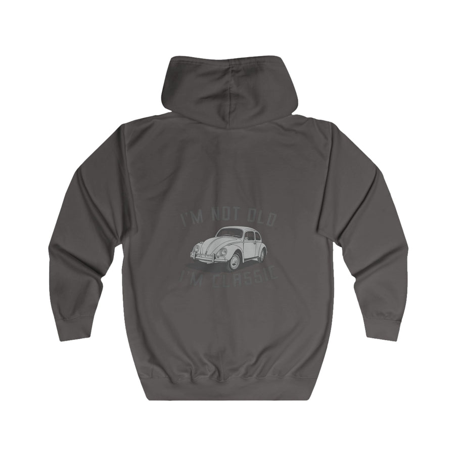 Sweatjacke mit Vintage-VW-Käfer-Motiv – Zip-Hoodie mit Rückendruck „I'm Not Old I'm Classic“ – Steel Grey – Rückenansicht