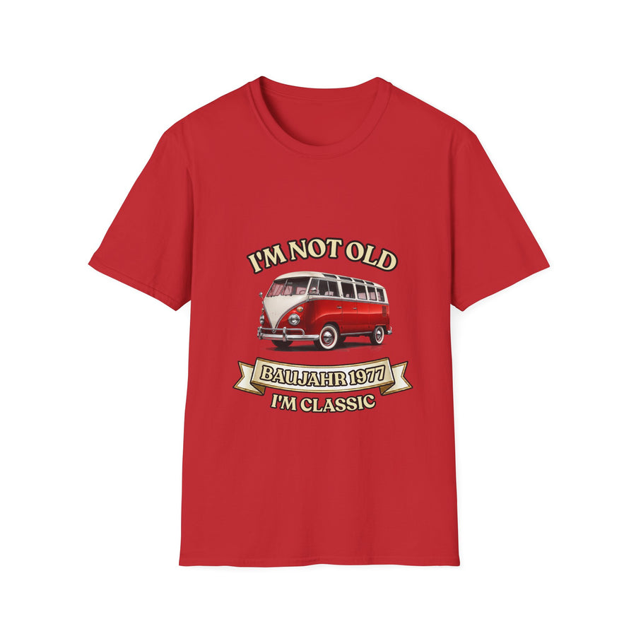 Geschenk zum 50. Geburtstag – T-Shirt Jahrgang 1977 VW Bulli – Red – Vorderseite