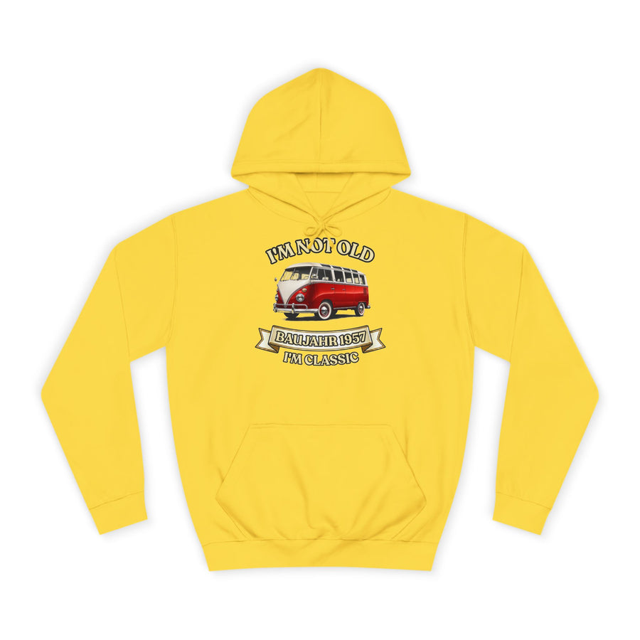 Geschenk zum 70. Geburtstag – Hoodie Jahrgang 1957 VW Bulli – Sun Yellow – Vorderseite