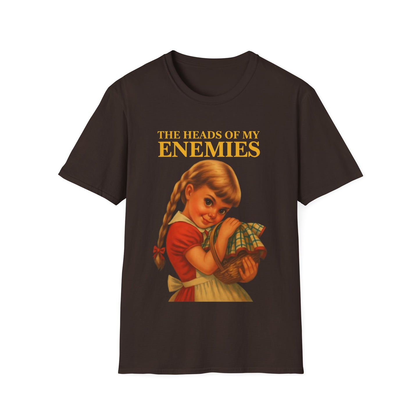 T-shirt “The Heads of My Enemies” – retro satire with children’s book flair