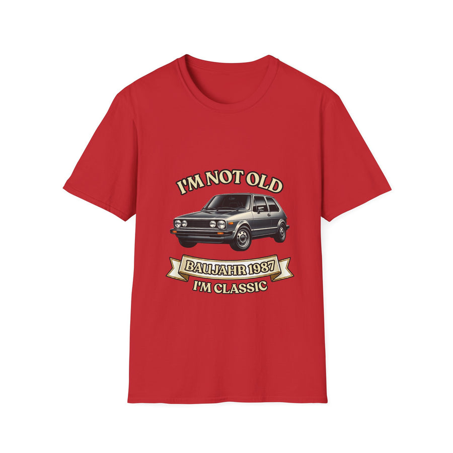 Geschenk zum 40. Geburtstag – T-Shirt Jahrgang 1987 VW Golf – Red – Vorderseite