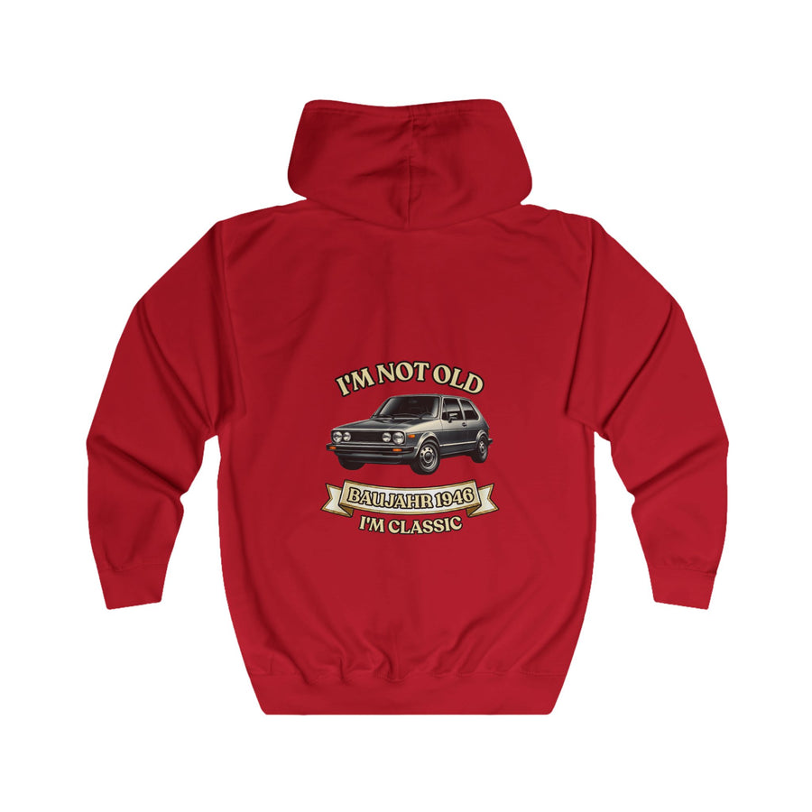 Geschenk zum 80. Geburtstag – Sweatjacke Jahrgang 1946 VW Golf – Fire Red – Rückenansicht