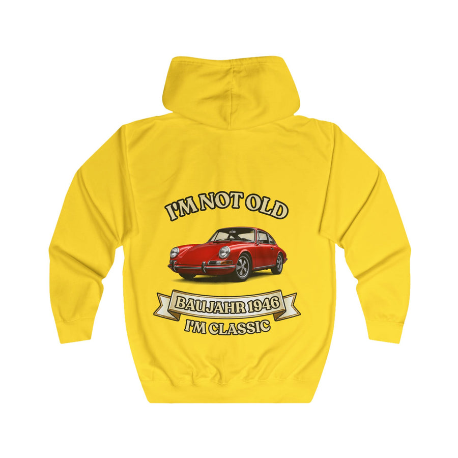 Geschenk zum 80. Geburtstag – Sweatjacke Jahrgang 1946 mit Porsche-Motiv – Sun Yellow – Rückenansicht