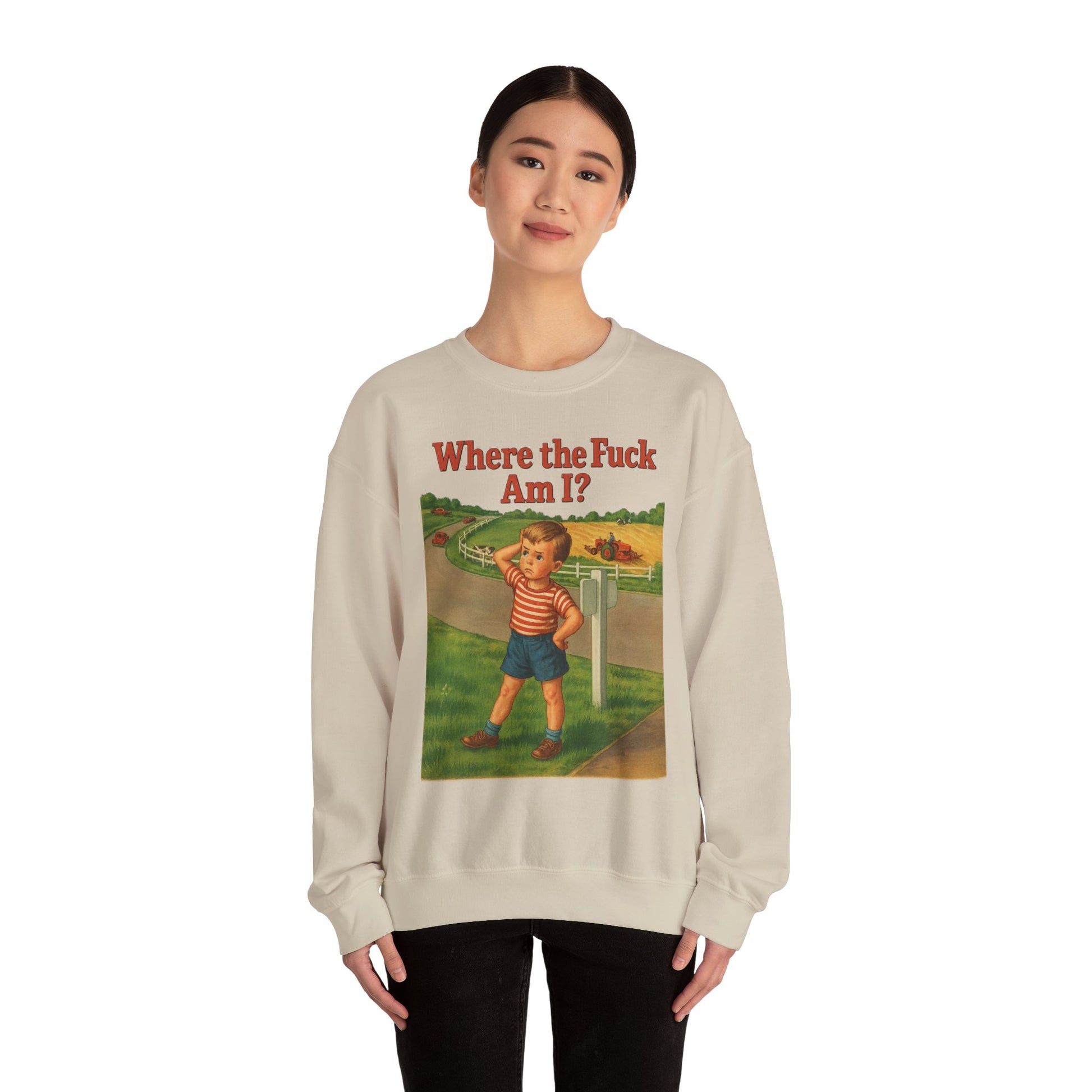 Sweatshirt – Where the Hell Am I? – Vintage Sweatshirt mit nostalgischem Lost-Boy-Motiv | True Insights Design mit Humor