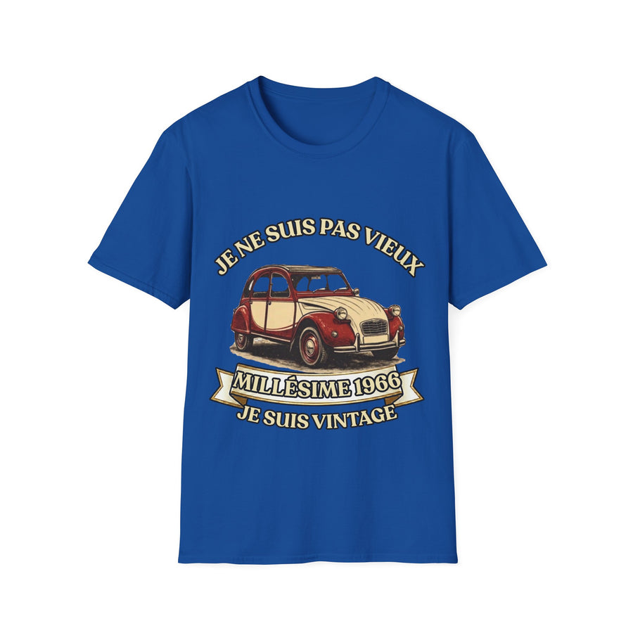 T-shirt Millésime 1966 « Je ne suis pas vieux, je suis vintage » – Cadeau anniversaire 60 ans homme – Deux-chevaux rouge et crème, voiture ancienne rétro