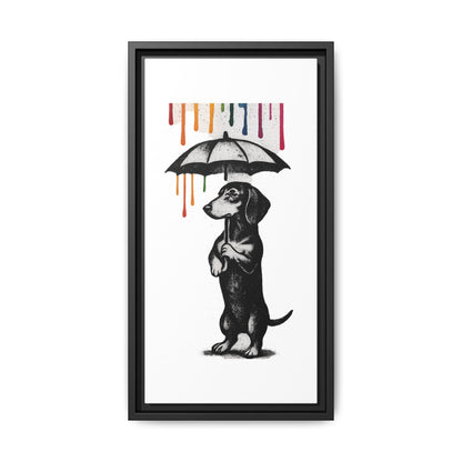 Dackel im Farbenregen – Street-Art Canvas mit Regenschirm & Farbtropfen