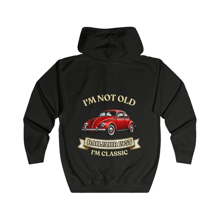 Geschenk zum 70. Geburtstag – Sweatjacke Jahrgang 1957 VW Käfer – Jet Black – Rückenansicht