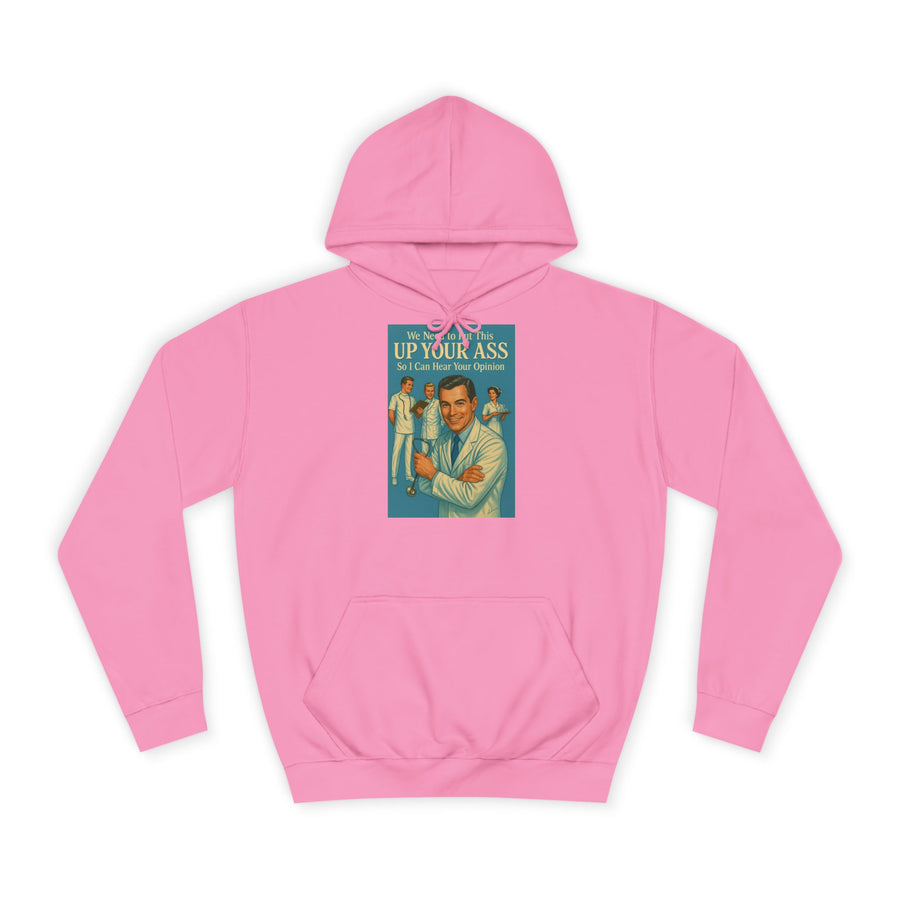 True Insights We Need to Put This Up Your Ass Hoodie – Retro-Arzt-Motiv mit schwarzem Humor in Candyfloss Pink