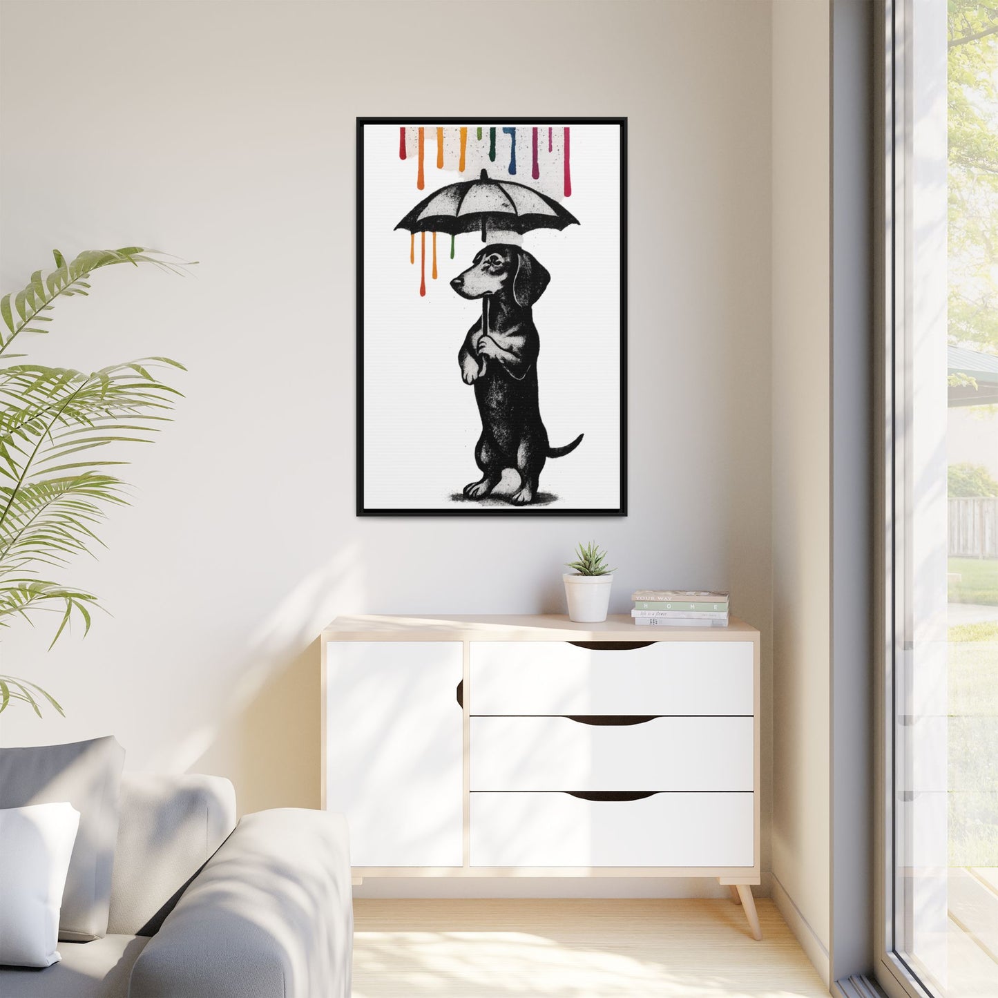 Dackel im Farbenregen – Street-Art Canvas mit Regenschirm & Farbtropfen