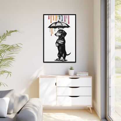 Dackel im Farbenregen – Street-Art Canvas mit Regenschirm & Farbtropfen