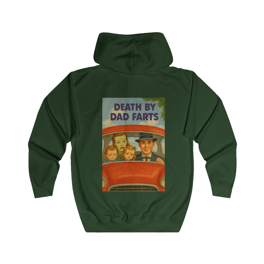 Papa Sweatjacke „Death by Dad Farts“ – Zip-Hoodie mit Rückendruck – Bottle Green – Rückenansicht