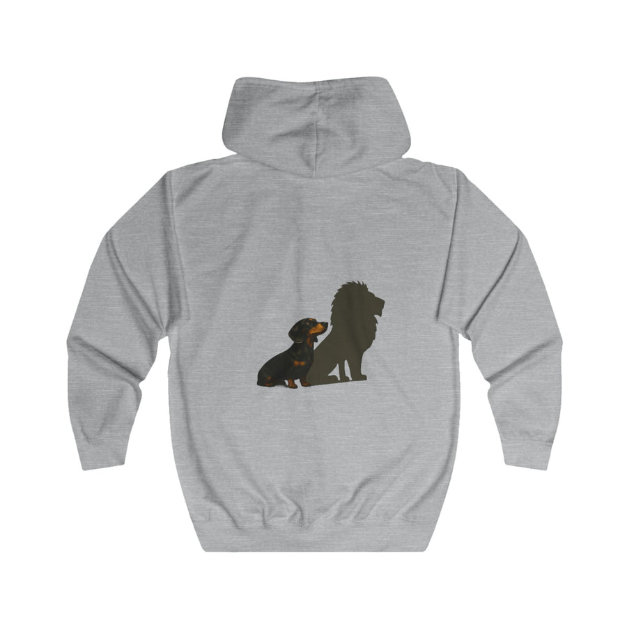Dackel Sweatjacke „Dackel mit Löwen-Schatten“ – Zip-Hoodie mit Rückendruck – Heather Grey – Rückenansicht