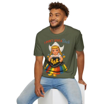 "I Don't Give a Duck | Nostalgisches Vintage-Mädchen mit Küken – Humorvoll & Originell" – Freches Satire-Design für mutige Statements | True Insights