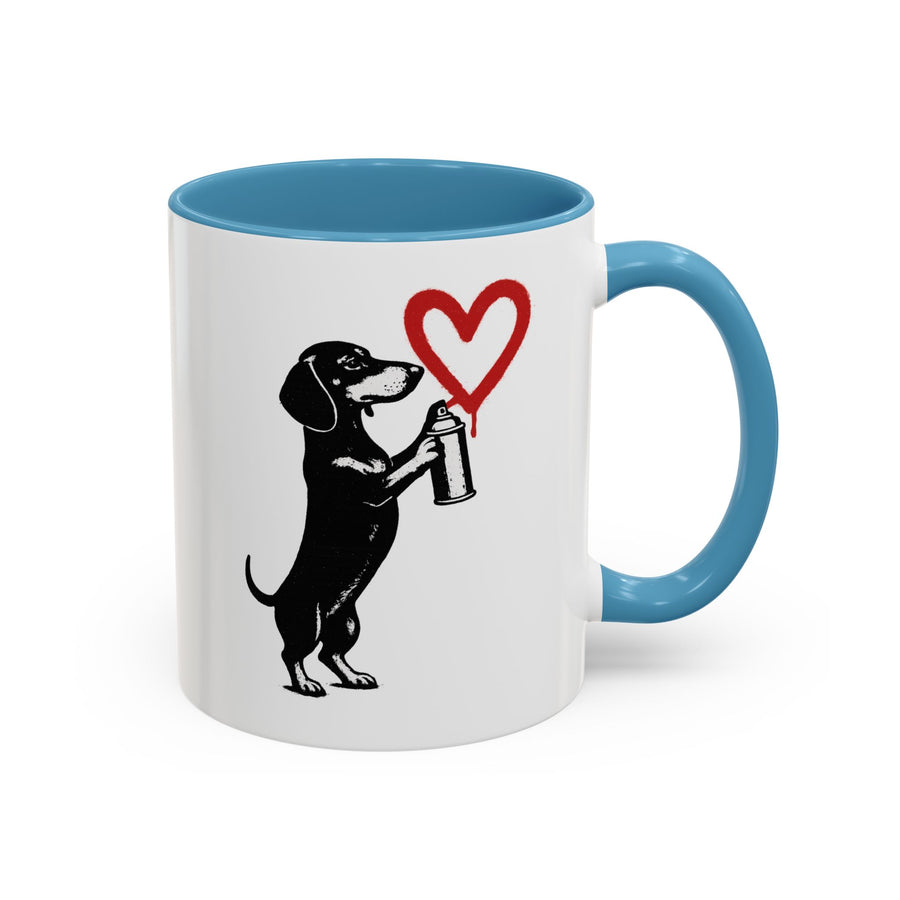 True Insights Banksy Dackel Tasse – Street-Art Kaffeebecher mit rotem Herz in Light Blue