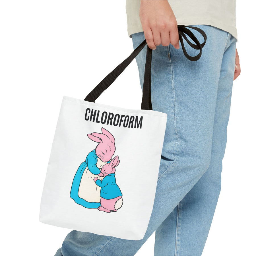 Chloroform Hasen Tote Bag - Lustige Parodie Stoffbeutel mit niedlichem Bunny Motiv - Schwarzer Humor Geschenk