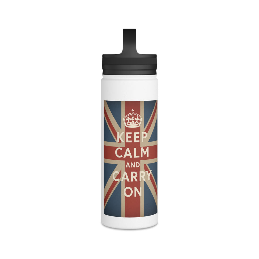 Gourde Inox Keep Calm and Carry On – Design Vintage Union Jack, Isotherme avec Couvercle à Poignée, Cadeau Britannique