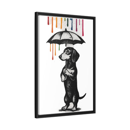 Dackel im Farbenregen – Street-Art Canvas mit Regenschirm & Farbtropfen