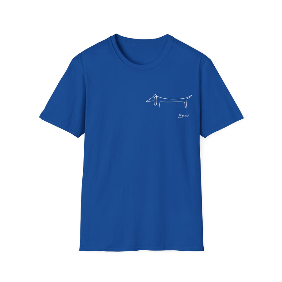 Königsblues T-Shirt mit Dackel-Strichzeichnung und „Picasso“-Schriftzug.