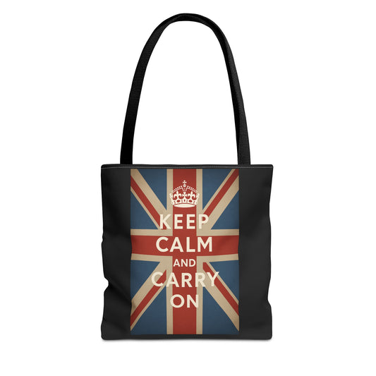 Keep Calm and Carry On Tote Bag – Union Jack Stoffbeutel mit Krone, britisches Kult-Motiv, Geschenk für UK-Fans