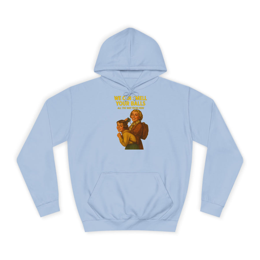 Retro Hoodie „We Can Smell Your Balls“ – Retro-Motiv mit schwarzem Humor – Sky Blue – Vorderseite