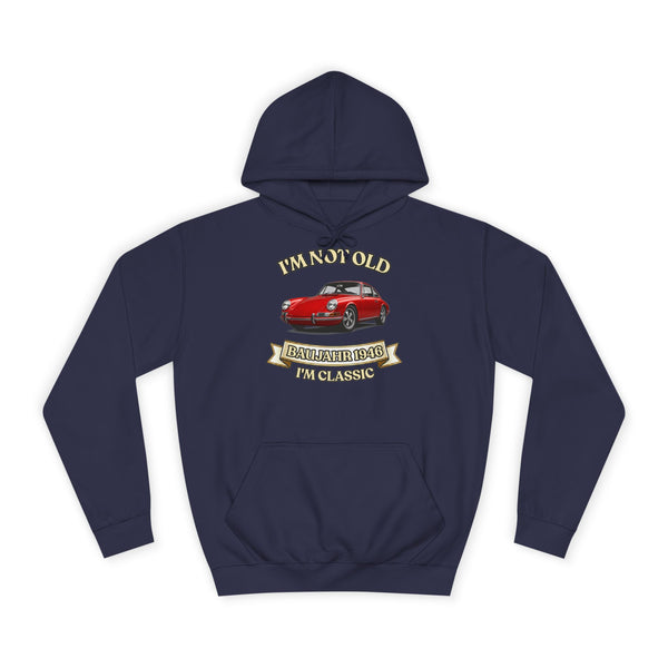 Geschenk zum 80. Geburtstag – Hoodie Jahrgang 1946 mit Porsche-Motiv – Oxford Navy – Vorderseite