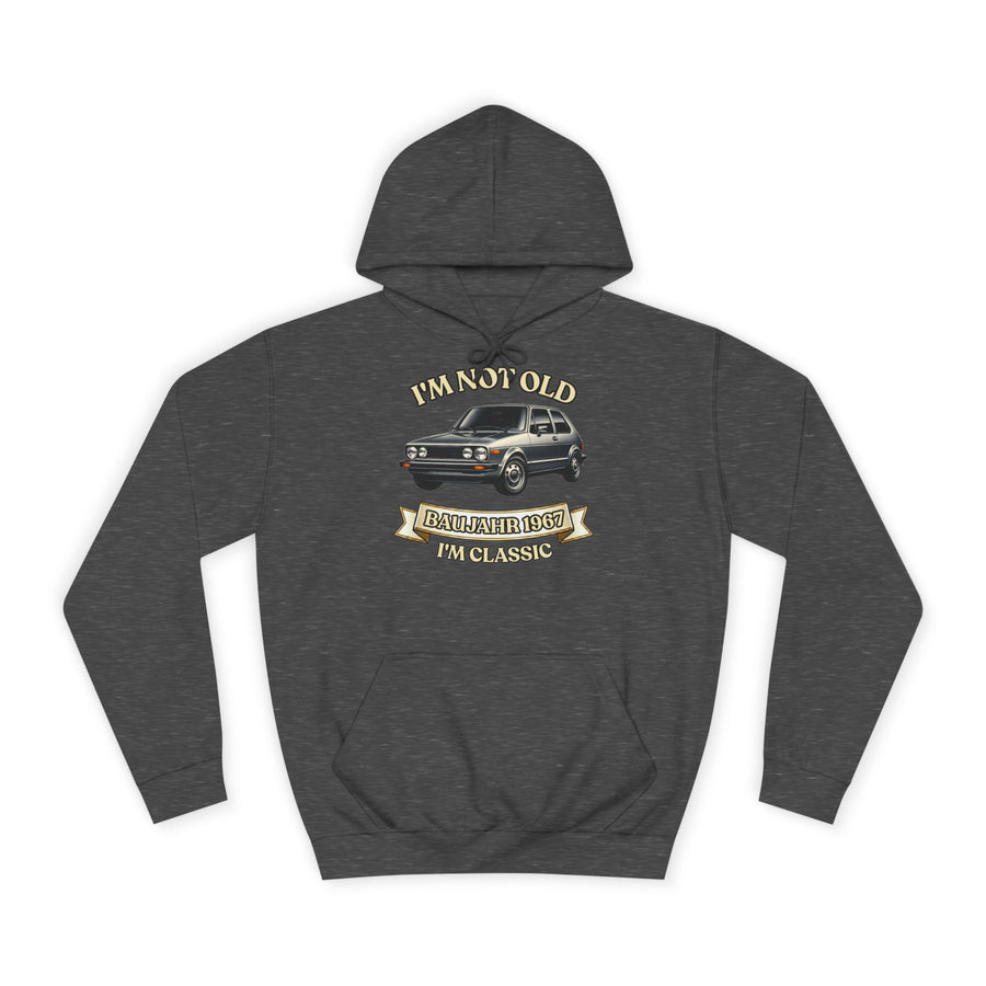 Geschenk zum 60. Geburtstag – Hoodie Jahrgang 1967 VW Golf – Charcoal – Vorderseite