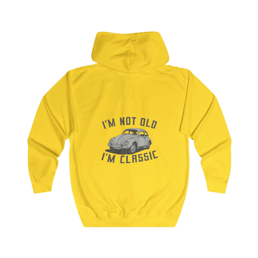 Sweatjacke mit Vintage-VW-Käfer-Motiv – Zip-Hoodie mit Rückendruck „I'm Not Old I'm Classic“ – Sun Yellow – Rückenansicht