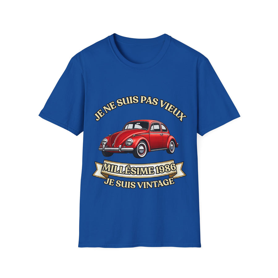 T-shirt Millésime 1986 « Je ne suis pas vieux, je suis vintage » – Cadeau anniversaire 40 ans homme – Coccinelle rouge, voiture ancienne rétro