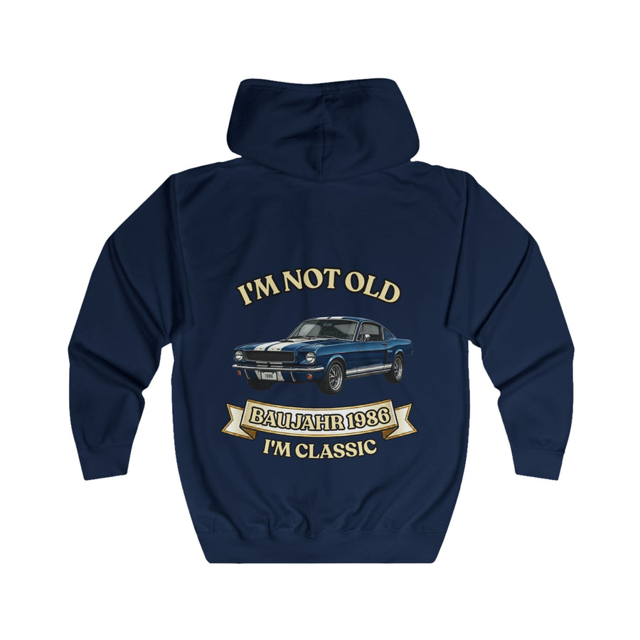 Geschenk zum 40. Geburtstag – Sweatjacke Jahrgang 1986 Muscle Car – Oxford Navy – Rückenansicht