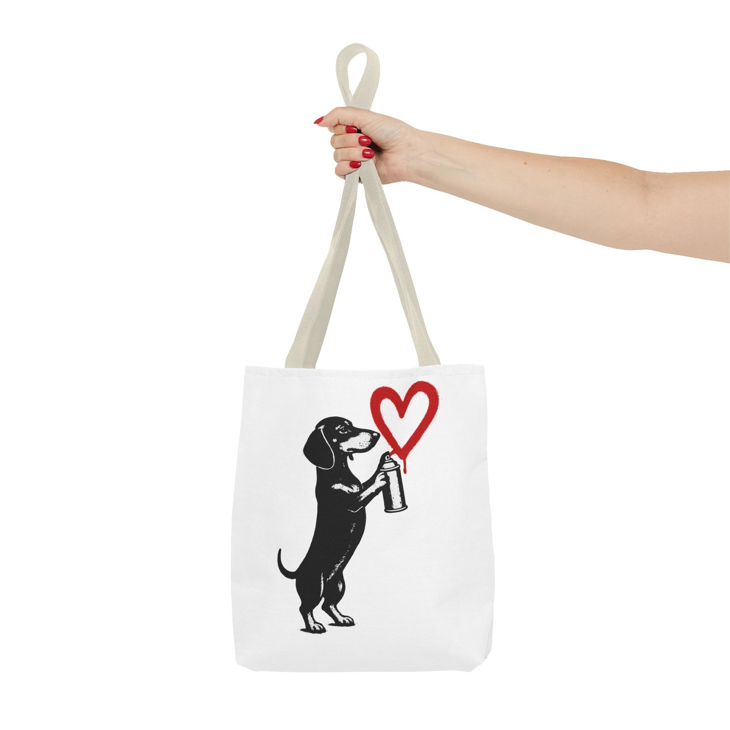 Banksy inspirierter Dackel Tote Bag Polyester – Street-Art Herz Sprühdose Beutel für Sport, Uni & Einkauf