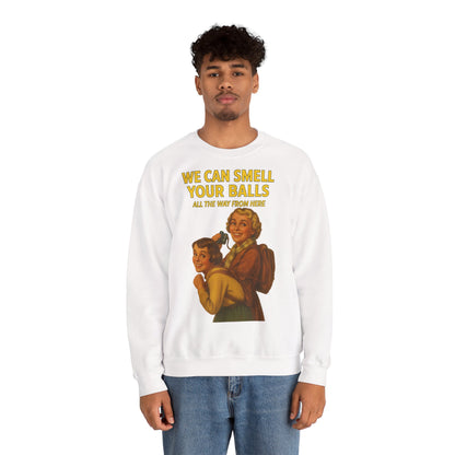 Sweatshirt – Vintage Sweatshirt – „We Can Smell Your Balls“ im Spioninnen-Stil | True Insights Design mit Humor