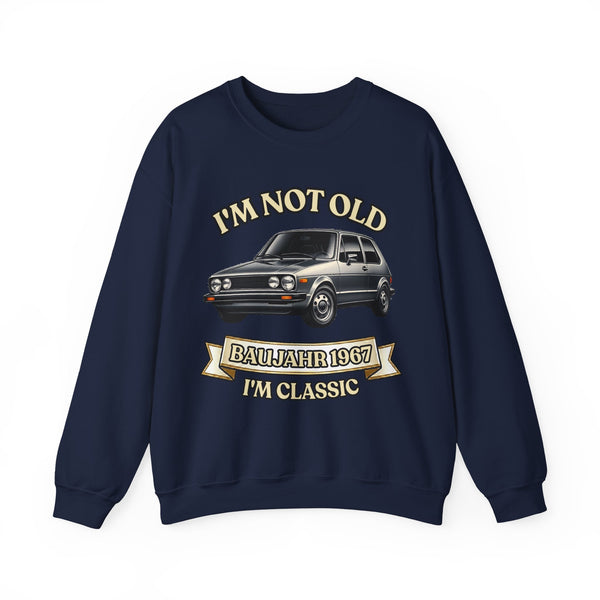 Geschenk zum 60. Geburtstag – Pullover Jahrgang 1967 VW Golf – Navy – Vorderseite