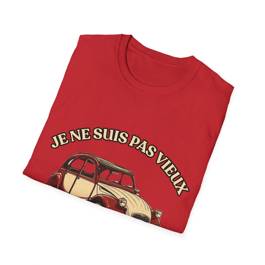 T-shirt Millésime 1966 « Je ne suis pas vieux, je suis vintage » – Cadeau anniversaire 60 ans homme – Deux-chevaux rouge et crème, voiture ancienne rétro