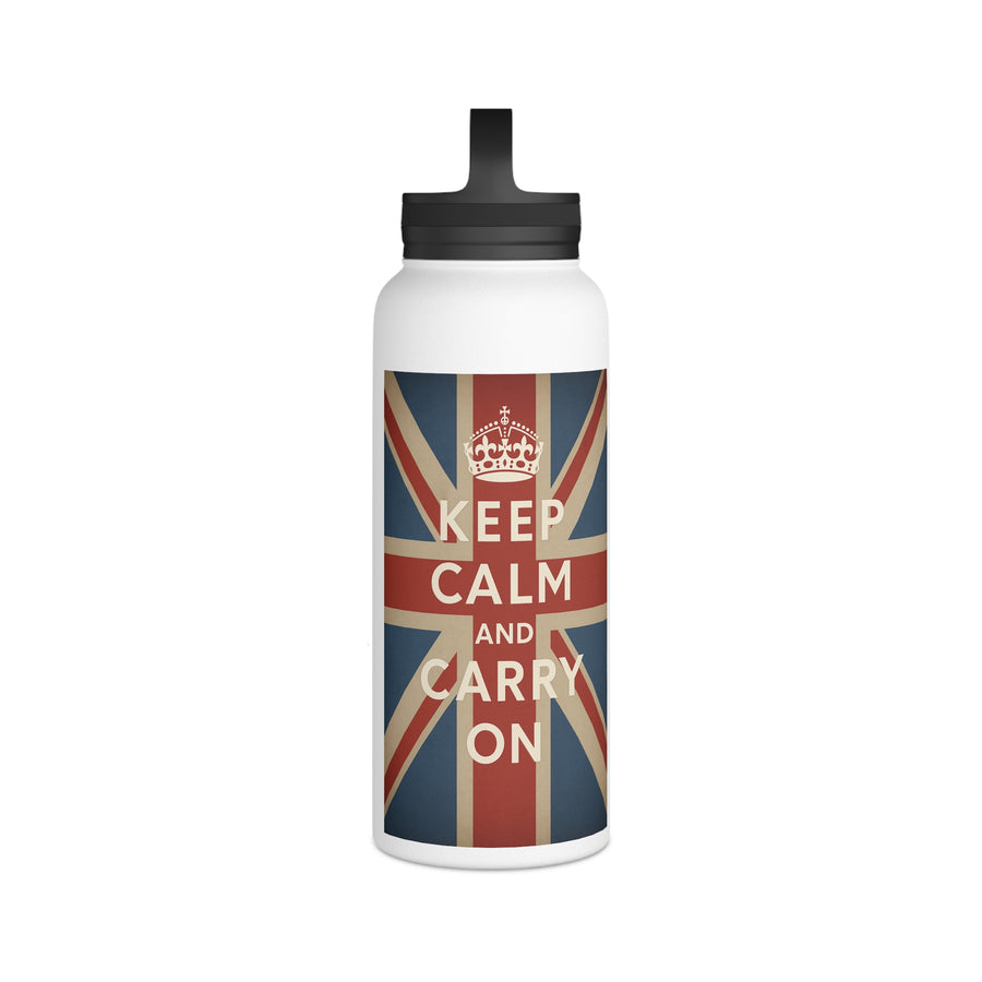 Gourde Inox Keep Calm and Carry On – Design Vintage Union Jack, Isotherme avec Couvercle à Poignée, Cadeau Britannique