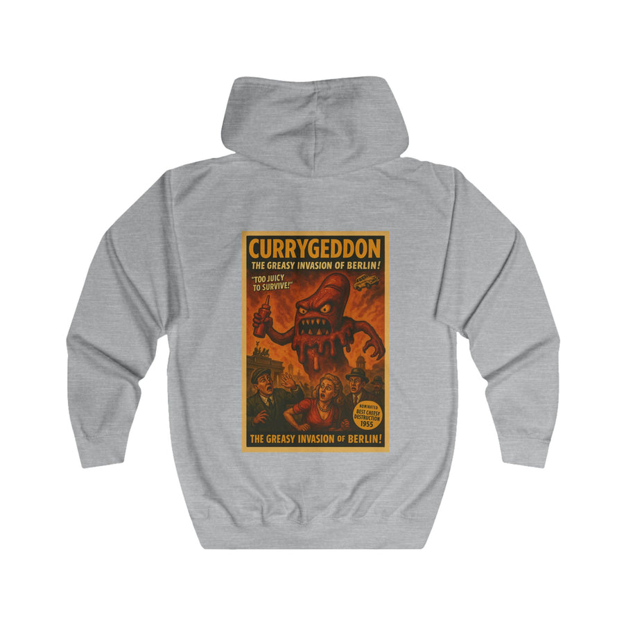 CurryGeddon Zip-Hoodie – Affiche de film d'horreur rétro avec monstre currywurst