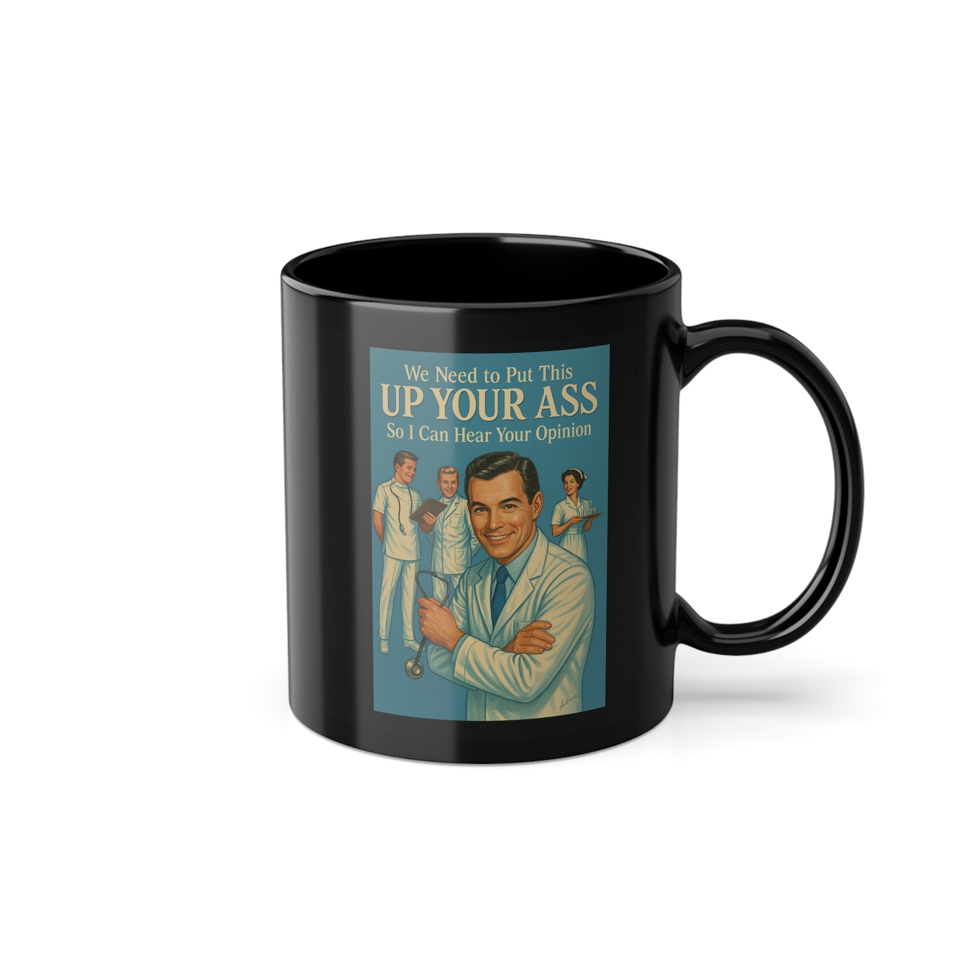 Satire mug “Up Your Ass” – cheeky doctor motif in retro style