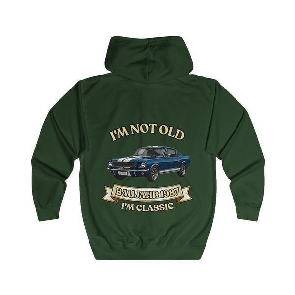 Geschenk zum 40. Geburtstag – Sweatjacke Jahrgang 1987 Muscle Car – Bottle Green – Rückenansicht