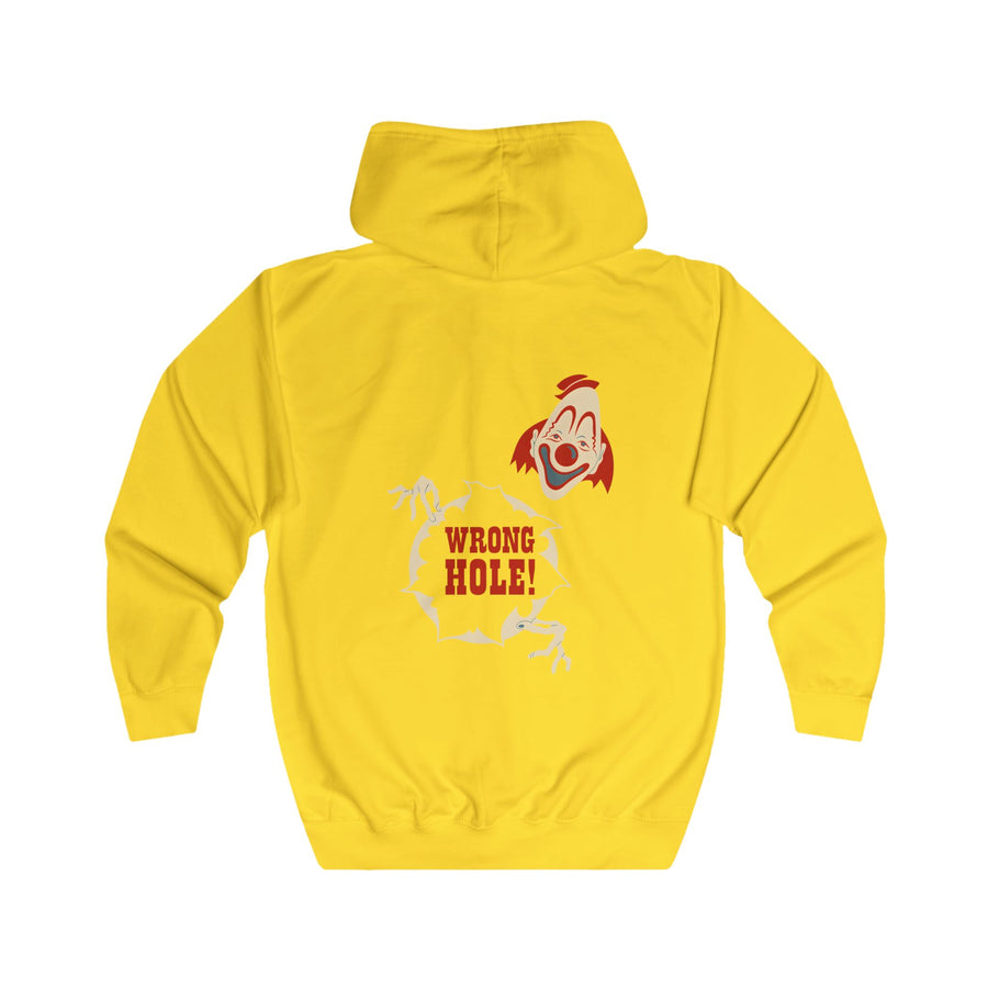True Insights Wrong Hole! Zip-Hoodie – Provokantes Clown-Motiv mit schwarzem Humor