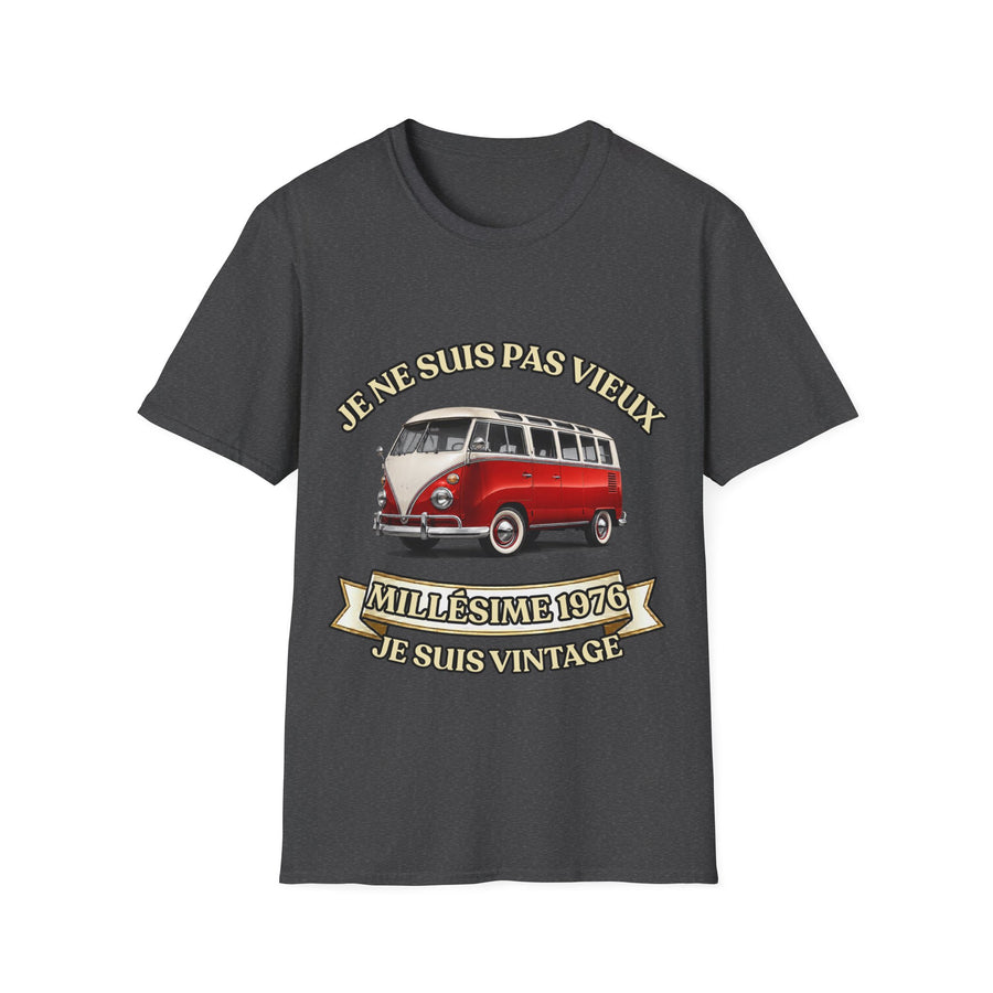 T-shirt Millésime 1976 « Je ne suis pas vieux, je suis vintage » – Cadeau anniversaire 50 ans homme – Combi rouge et blanc, voiture ancienne rétro