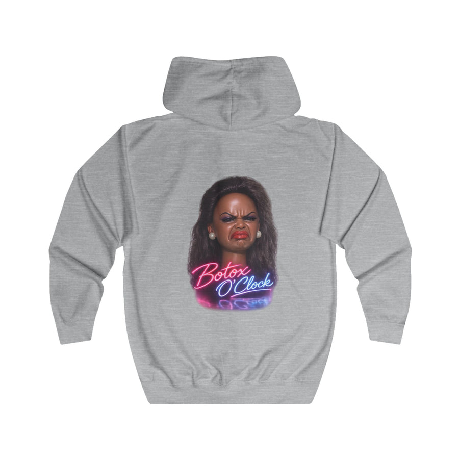Botox O'Clock Zip Hoodie – Lustiges Neon Karikatur Motiv für Beauty-Fans, Grumpy Face Kapuzenjacke