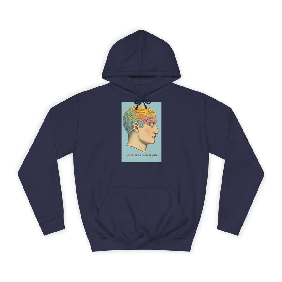 Vintage Hoodie „A Picture of Good Health“ – Vintage-Phrenologie für mentale Überflieger – Oxford Navy – Vorderseite