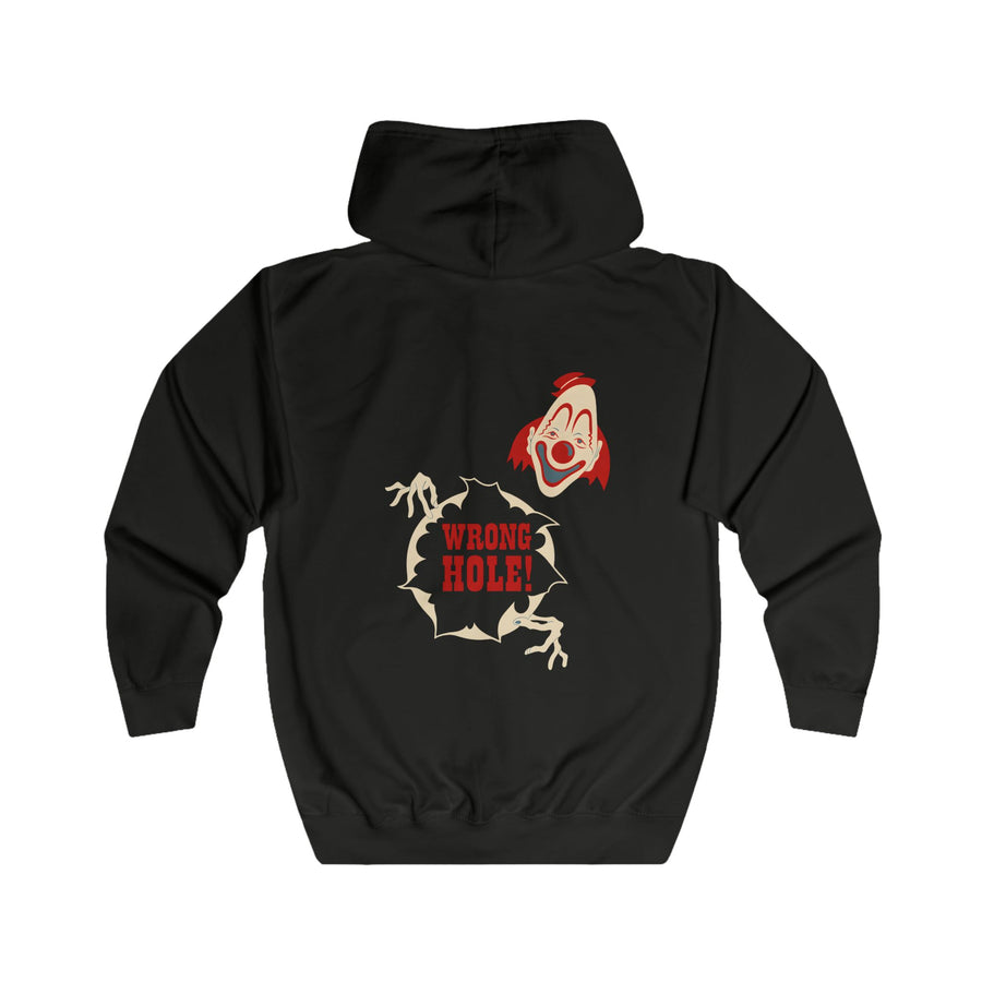 True Insights Wrong Hole! Zip-Hoodie – Provokantes Clown-Motiv mit schwarzem Humor